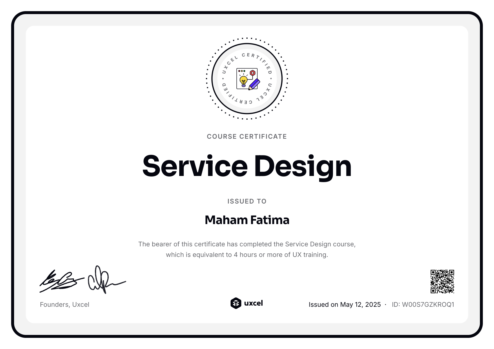 Maham Fatima's certificate